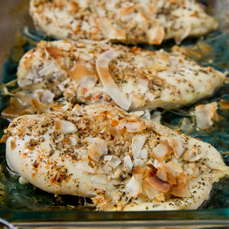 Baked Coconut Chicken-- make this recipe ahead of time in minutes to prep for the week! Serve with veggies and side of couscous. Perfect and FAST #weeknight dinner!
