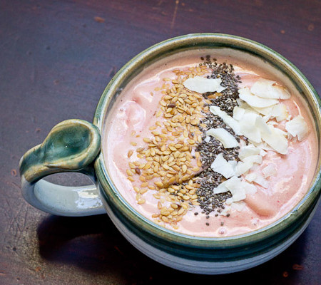 Say "I love you" with this Pink Cashew Cream Smoothie for two. It's made with good for you ingredients like kefir, tart cherries, cinnamon, and raw cashews. So creamy!