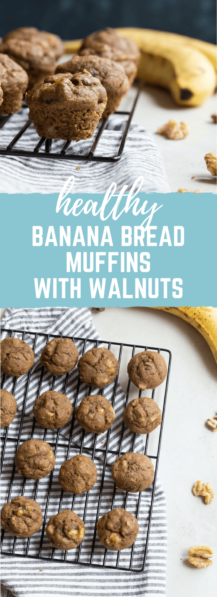 These Healthy Banana Bread Muffins with Walnuts are made with less sugar, whole wheat flour, and yes, that extra banana! We even subbed in maple syrup instead of white sugar into this recipe.