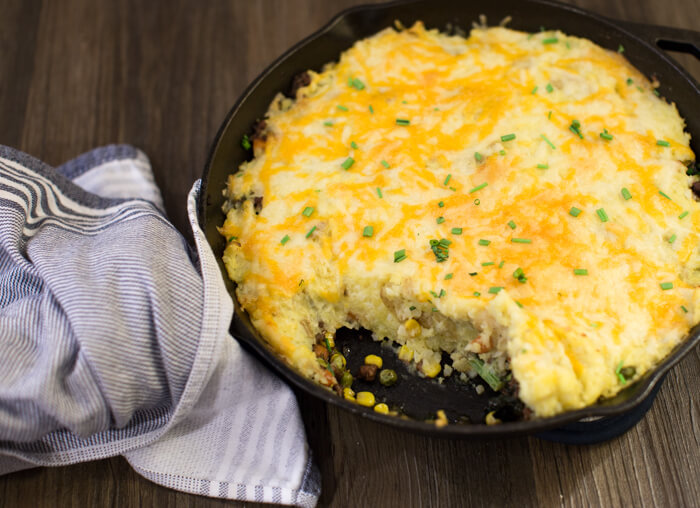 Skillet Shepherds Pie with Cauliflower Mashed Potatoes is a veggie forward and protein packed dinner meal. This recipe is a family favorite comfort food, especially when is extra cold outside.