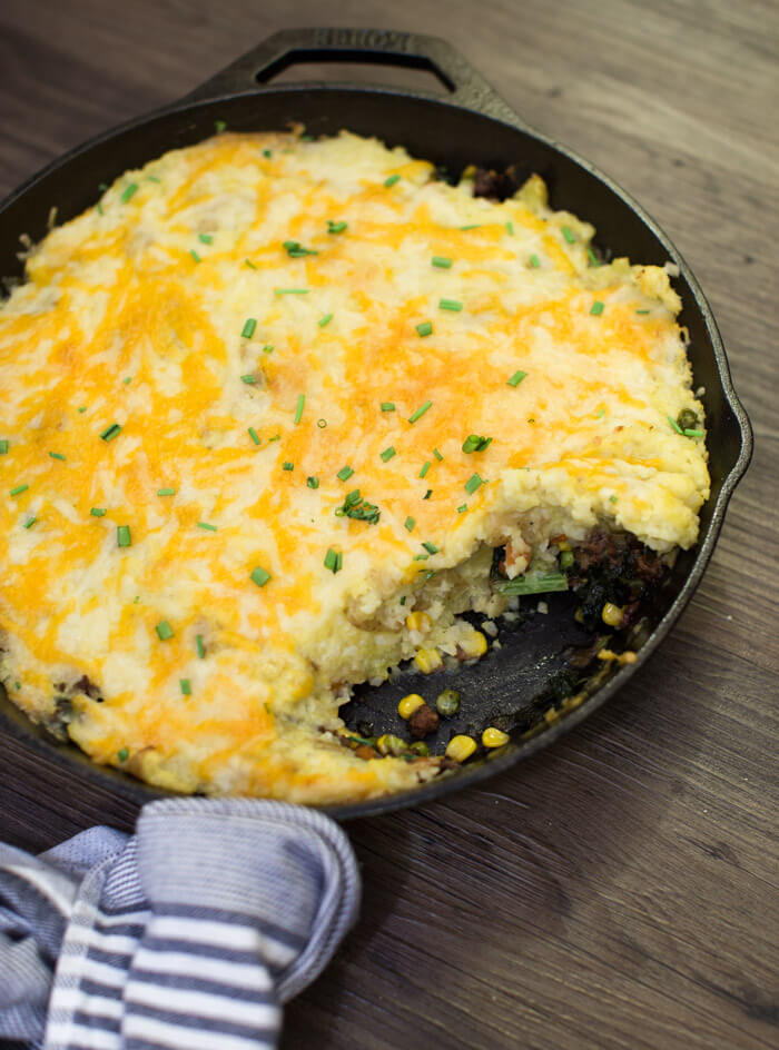 Skillet Shepherds Pie with Cauliflower Mashed Potatoes is a veggie forward and protein packed dinner meal. This recipe is a family favorite comfort food, especially when is extra cold outside.