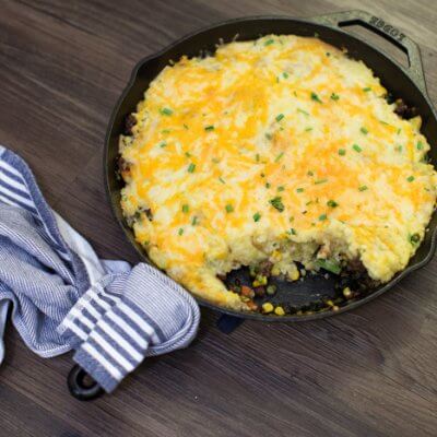 Skillet Shepherds Pie with Cauliflower Mashed Potatoes is a veggie forward and protein packed dinner meal. This recipe is a family favorite comfort food, especially when is extra cold outside.