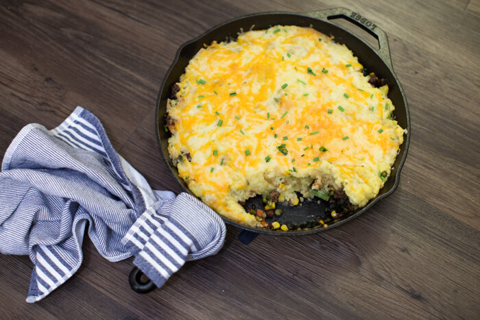 Skillet Shepherds Pie with Cauliflower Mashed Potatoes is a veggie forward and protein packed dinner meal. This recipe is a family favorite comfort food, especially when is extra cold outside.