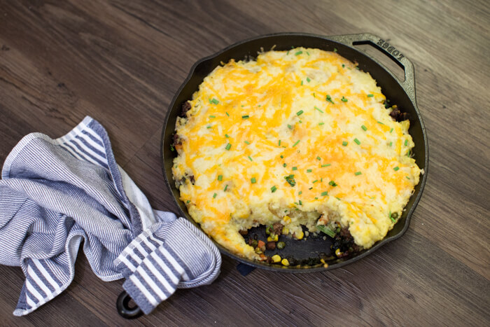 Skillet Shepherds Pie with Cauliflower Mashed Potatoes is a veggie forward and protein packed dinner meal. This recipe is a family favorite comfort food, especially when is extra cold outside.