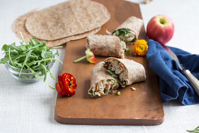 high protein lunch wrap with rotisserie chicken, Greek yogurt, dried plums, and apples