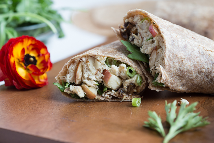 waldorf chicken salad is a high protein lunch wrap with rotisserie chicken, Greek yogurt, dried plums, and apples