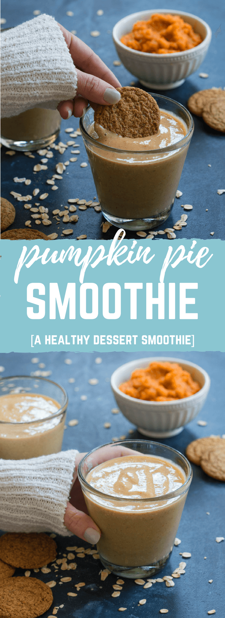 You've gotta taste this Pumpkin Pie Smoothie made with frozen bananas, rolled oats, canned pumpkin, almond milk and pumpkin pie spice will get your taste buds jazzed for fall!