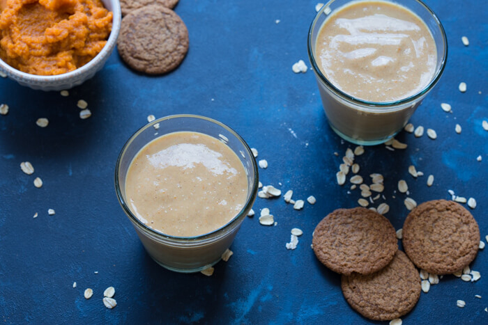 You've gotta taste this Pumpkin Pie Smoothie made with frozen bananas, rolled oats, canned pumpkin, almond milk and pumpkin pie spice will get your taste buds jazzed for fall!