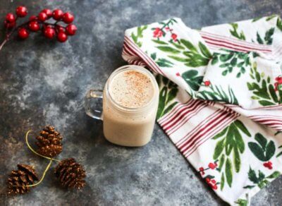 Bring the coffee shop to your house with this eggnog frappuccino that's easy to make at home-- all you need is eggnog, banana, coffee, (protein powder-- if you wish) and a blender!