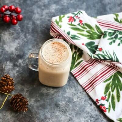 Bring the coffee shop to your house with this eggnog frappuccino that's easy to make at home-- all you need is eggnog, banana, coffee, (protein powder-- if you wish) and a blender!