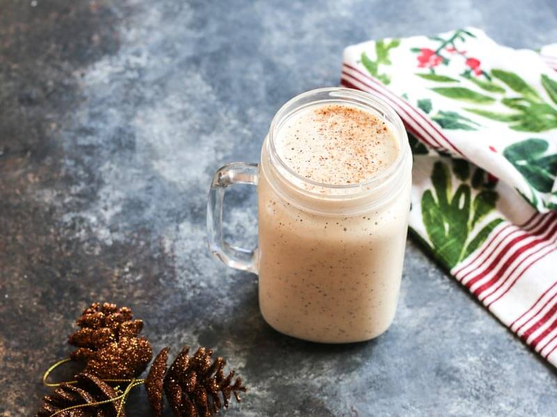Bring the coffee shop to your house with this eggnog frappuccino that's easy to make at home-- all you need is eggnog, banana, coffee, (protein powder-- if you wish) and a blender! 