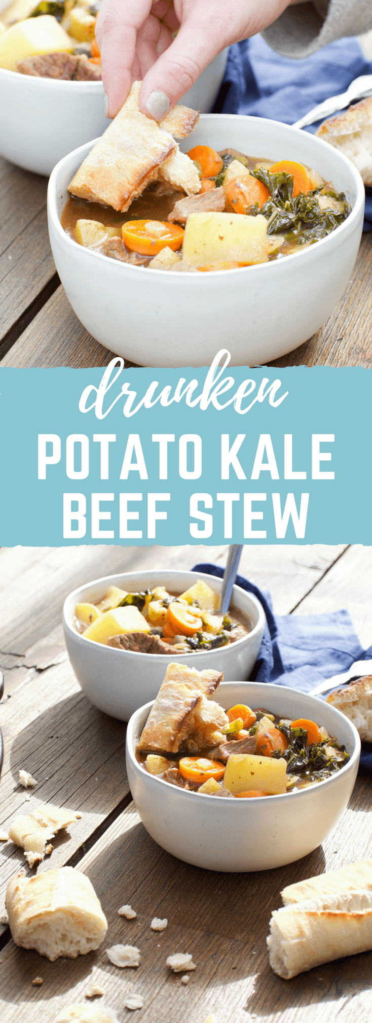 But my favorite part about grilling this Drunken Potato Kale Beef Stew?  Tossing a baguette on the grill to get it warm and crispy-- perfect for dipping into beer broth..