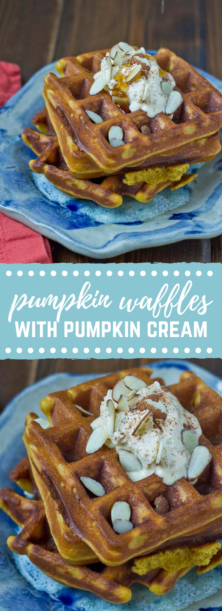 These Pumpkin Waffles boast of fall flavors and are made in the BLENDER!! They are decadent, fluffy, and pumpkiny. Don’t make them without the Pumpkin Spice Cream… it’s melt in your mouth yum yum.