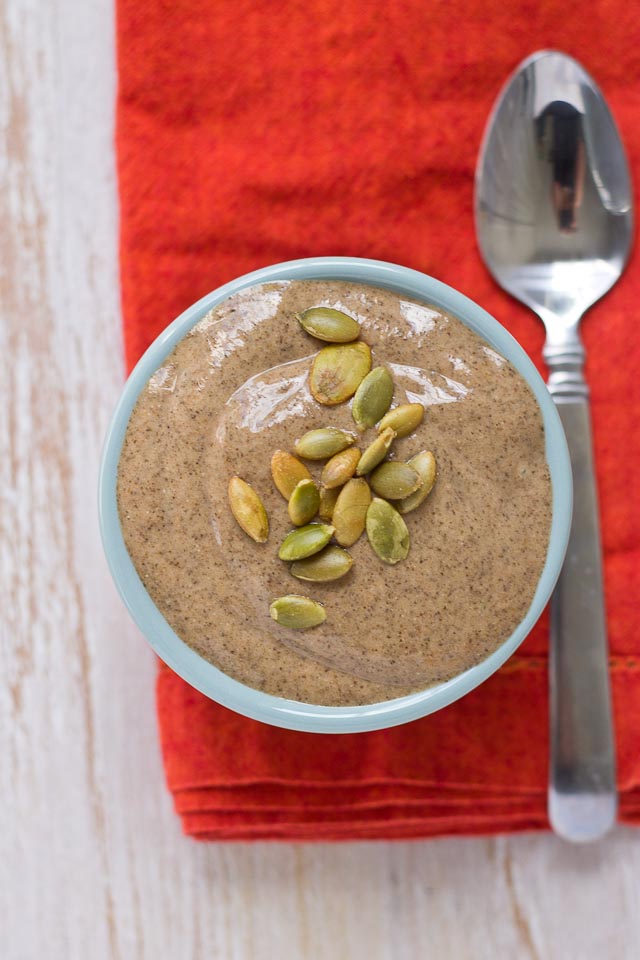 This Pumpkin Pie Chia Pudding is velvety and smooth like pumpkin pie, sweetened naturally with dates!  It's protein rich and makes a yummo snack or dessert or breakfast. Yes, this means you can eat pumpkin pie for breakfast. 