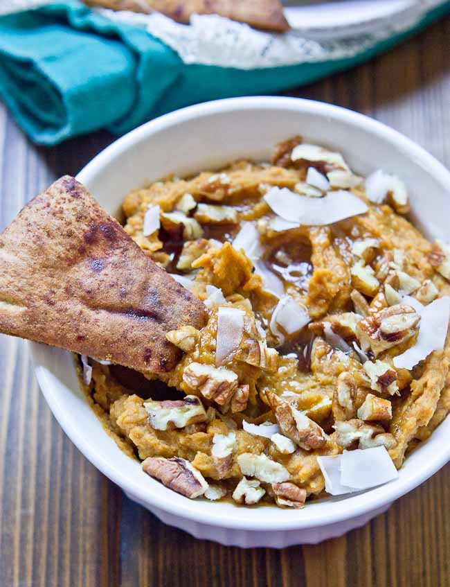 This Sweet Potato Pie Dessert Hummus will rock your socks. It tastes just like mama’s sweet potato pie but with all the healthy ingredients. Eat this hummus anytime— breakfast, lunch, dinner, dessert. Serve with apples and cinnamon pita chips at your fall party!