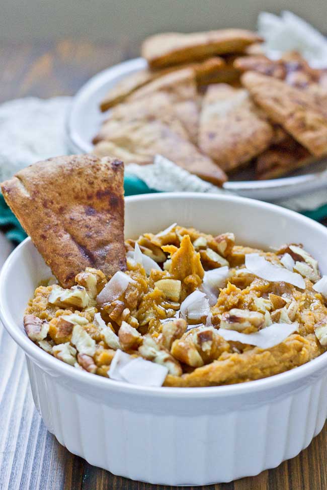 This Sweet Potato Pie Dessert Hummus will rock your socks. It tastes just like mama’s sweet potato pie but with all the healthy ingredients. Eat this hummus anytime— breakfast, lunch, dinner, dessert. Serve with apples and cinnamon pita chips at your fall party!