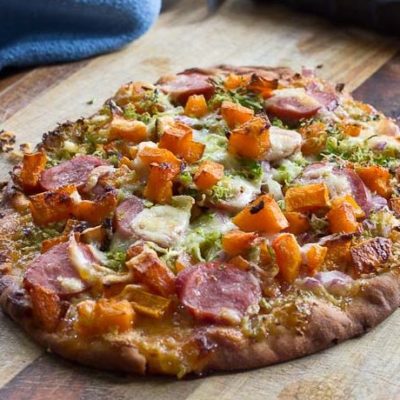 This sweet and savory pizza is loaded with the goodness of the fall season. Brussels sprouts and butternut squash make this naan pizza hearty and healthy!