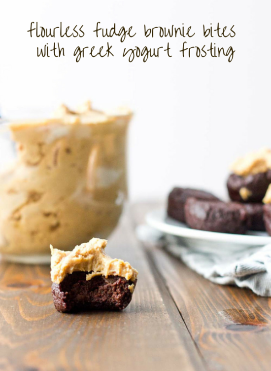 These Flourless Chocolate Fudge Brownie Bites are made with 5 whole foods, no sugar added, and topped with pillowy Peanut Butter Greek Yogurt Frosting. Ahhhhhmazzzzzzing!!! 