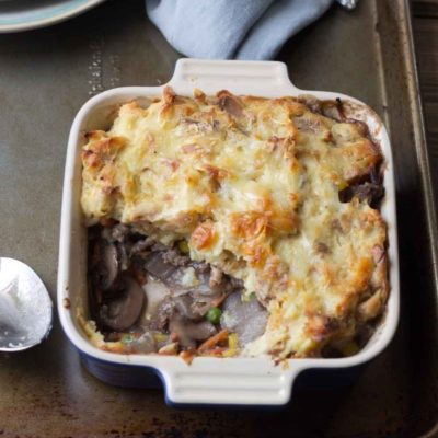 This Healthy Shepard's Pie for Two is the ultimate comfort meal. It's meaty and veggie-fied topped with insanely creamy mashed potatoes. You're welcome.