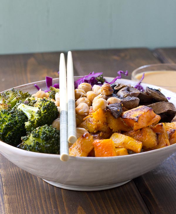 Abundance Bowls with Almond Butter-Lemon Dressing. Roasted veggies topped with the creamiest lemony almond butter dressing! This vegan abundance bowl will make you feel ahhhhhmazing from the inside out! 