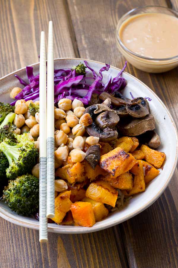 Abundance Bowls with Almond Butter-Lemon Dressing. Roasted veggies topped with the creamiest lemony almond butter dressing! This vegan abundance bowl will make you feel ahhhhhmazing from the inside out! 