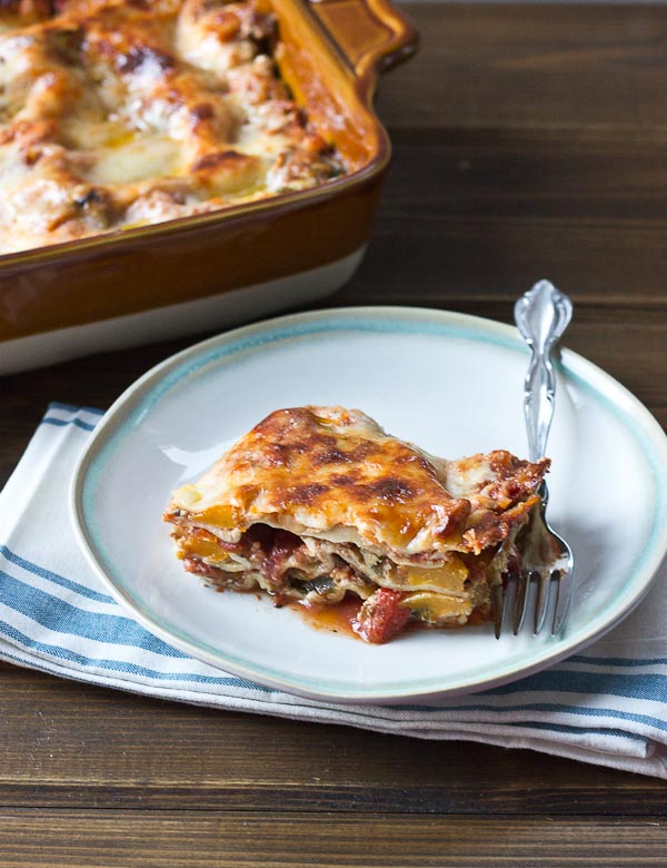 Butternut Squash Lasagna. My lasagna life was changed last night when I made lasagna and added... you guessed it, roasted butternut squash. This lasagna is loaded with veggies-- peppers, onions, mushrooms, spinach, and butternut squash. It's just perfect for a weeknight too and makes lots of leftovers!