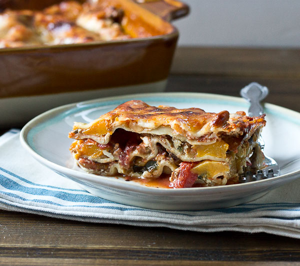 Butternut Squash Lasagna. My lasagna life was changed last night when I made lasagna and added... you guessed it, roasted butternut squash. This lasagna is loaded with veggies-- peppers, onions, mushrooms, spinach, and butternut squash. It's just perfect for a weeknight too and makes lots of leftovers!