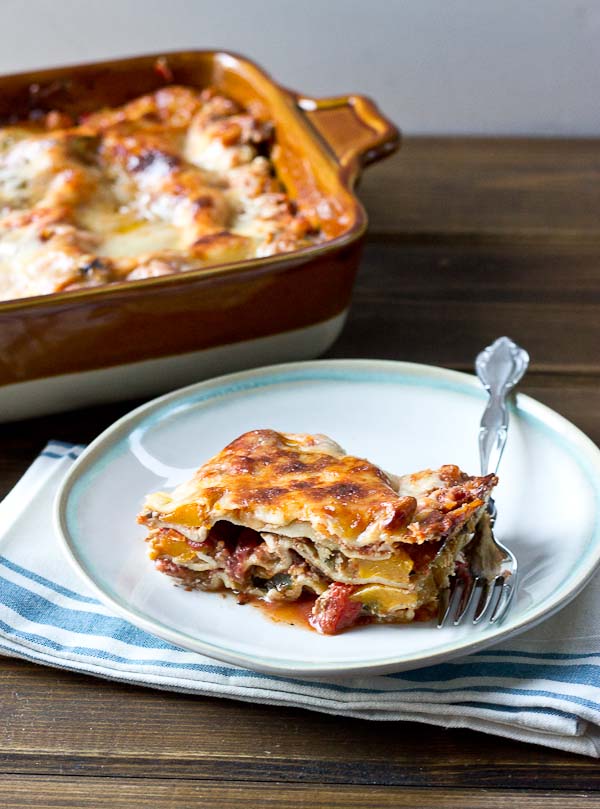 Butternut Squash Lasagna. My lasagna life was changed last night when I made lasagna and added... you guessed it, roasted butternut squash. This lasagna is loaded with veggies-- peppers, onions, mushrooms, spinach, and butternut squash. It's just perfect for a weeknight too and makes lots of leftovers!