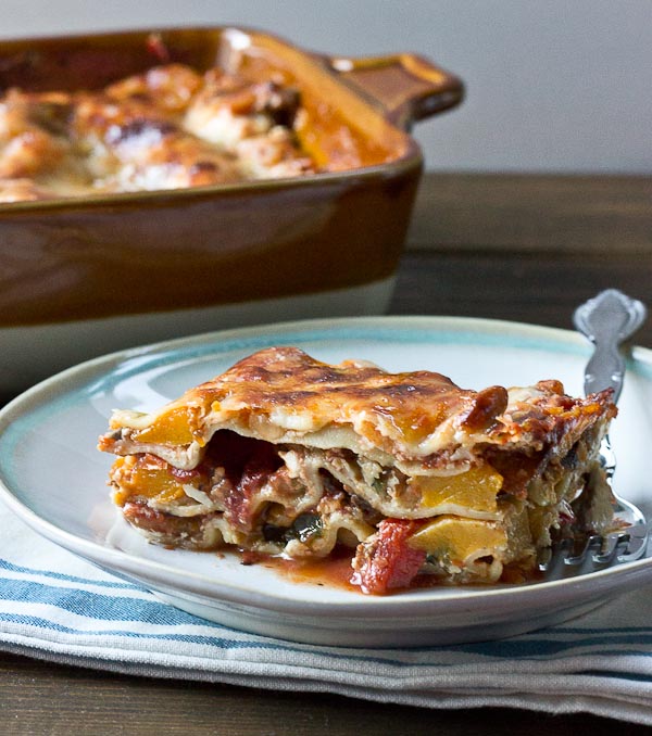 Butternut Squash Lasagna. My lasagna life was changed last night when I made lasagna and added... you guessed it, roasted butternut squash. This lasagna is loaded with veggies-- peppers, onions, mushrooms, spinach, and butternut squash. It's just perfect for a weeknight too and makes lots of leftovers!