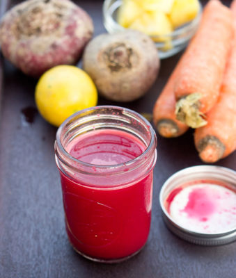 The Early Riser. Beets, Carrots, Pineapple, and Lemon make a tangy and tart juice that will wake you up and put a pep in your step.