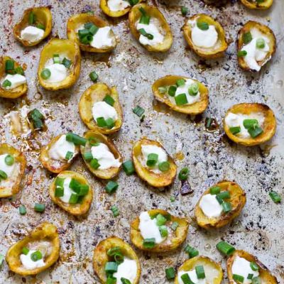 These Healthy Potato Skin Poppers are a crowd pleaser and would make a great Super Bowl party appetizer. Their smokey flavor and creamy texture will keep 'em going back for more. Vegetarian and Gluten Free.