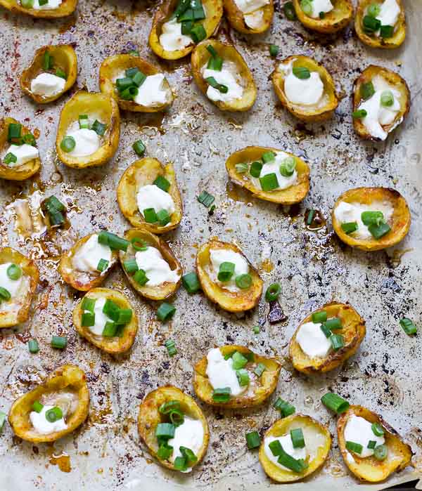 These Healthy Potato Skin Poppers are a crowd pleaser and would make a great Super Bowl party appetizer. Their smokey flavor and creamy texture will keep 'em going back for more. Vegetarian and Gluten Free.