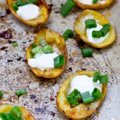 These Healthy Potato Skin Poppers are a crowd pleaser and would make a great Super Bowl party appetizer. Their smokey flavor and creamy texture will keep 'em going back for more. Vegetarian and Gluten Free.