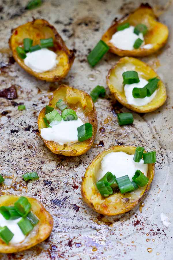 These Healthy Potato Skin Poppers are a crowd pleaser and would make a great Super Bowl party appetizer. Their smokey flavor and creamy texture will keep 'em going back for more. Vegetarian and Gluten Free.