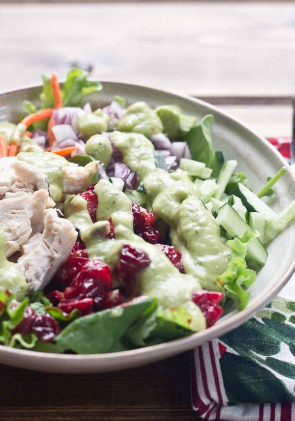 This protein packed Chicken Salad is topped with Avocado Ranch Dressing. This healthy ranch dressing is made with avocados and greek yogurt and has only 25 calories per serving and no added sugar.