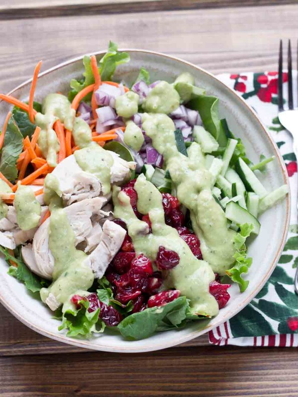 This protein packed Chicken Salad is topped with Avocado Ranch Dressing. This healthy ranch dressing is made with avocados and greek yogurt and has only 25 calories per serving and no added sugar.