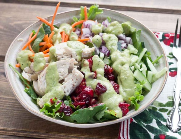 This protein packed Chicken Salad is topped with Avocado Ranch Dressing. This healthy ranch dressing is made with avocados and greek yogurt and has only 25 calories per serving and no added sugar.