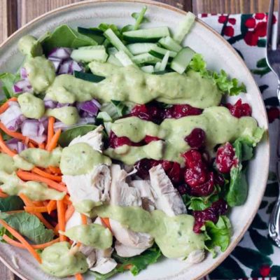 This protein packed Chicken Salad is topped with Avocado Ranch Dressing. This healthy ranch dressing is made with avocados and greek yogurt and has only 25 calories per serving and no added sugar.