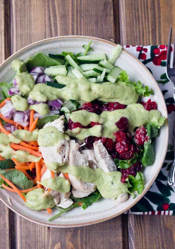 This protein packed Chicken Salad is topped with Avocado Ranch Dressing. This healthy ranch dressing is made with avocados and greek yogurt and has only 25 calories per serving and no added sugar. 