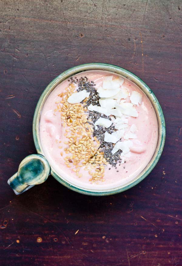 Say "I love you" with this Pink Cashew Cream Smoothie for two. It's made with good for you ingredients like kefir, tart cherries, cinnamon, and raw cashews. So creamy! 