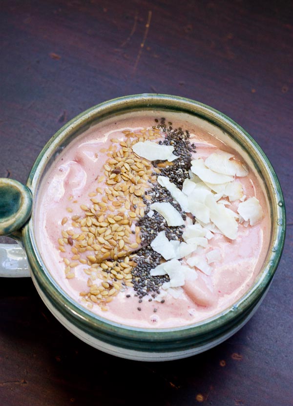 Say "I love you" with this Pink Cashew Cream Smoothie for two. It's made with good for you ingredients like kefir, tart cherries, cinnamon, and raw cashews. So creamy! 