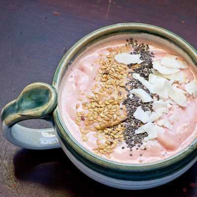 Say "I love you" with this Pink Cashew Cream Smoothie for two. It's made with good for you ingredients like kefir, tart cherries, cinnamon, and raw cashews. So creamy!