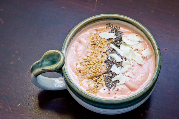 Say "I love you" with this Pink Cashew Cream Smoothie for two. It's made with good for you ingredients like kefir, tart cherries, cinnamon, and raw cashews. So creamy! 