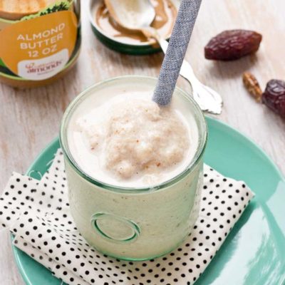 This Almond Butter Date Shake is just what you need to help you power through your day! It's creamy and dessert-like and makes a healthy protein rich snack or post workout recovery shake.