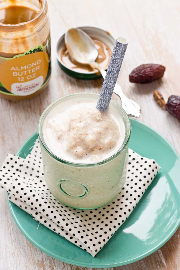 This Almond Butter Date Shake is just what you need to help you power through your day! It's creamy and dessert-like and makes a healthy protein rich snack or post workout recovery shake. | @KristinaLaRueRD