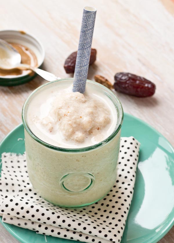 This Almond Butter Date Shake is just what you need to help you power through your day! It's creamy and dessert-like and makes a healthy protein rich snack or post workout recovery shake. | @KristinaLaRueRD