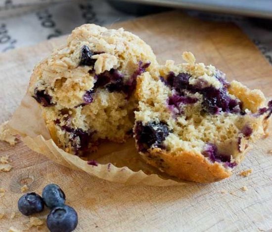 These Blueberry Cheesecake Muffins with Oatmeal Streusel Topping are protein-packed cottage cheese and made with fresh blueberries for a better-for-you gluten free blueberry muffin!