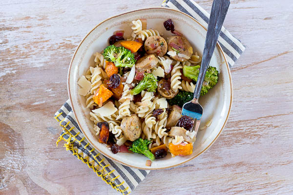 This Chicken Pasta with Butternut Squash, Caramelized Onions and Tart Cherries is perfect for fueling muscles post workout. The balance of protein, carbs, and anti-inflammatory foods in this recipe is one to keep on hand after a tough sweat session or to fuel up for a race day. | @KristinaLaRueRD