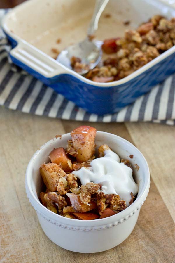 This "No Bake" Skillet Apple Crisp is made with whole ingredients like apples, walnuts, coconut, and oats.... right on your stovetop, no baking required. The best part, this dessert is healthy enough to eat for breakfast... well we did anyway! Vegan, Dairy Free. Gluten Free. 