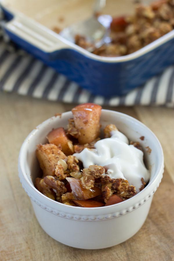 This "No Bake" Skillet Apple Crisp is made with whole ingredients like apples, walnuts, coconut, and oats.... right on your stovetop, no baking required. The best part, this dessert is healthy enough to eat for breakfast... well we did anyway! Vegan, Dairy Free. Gluten Free. 